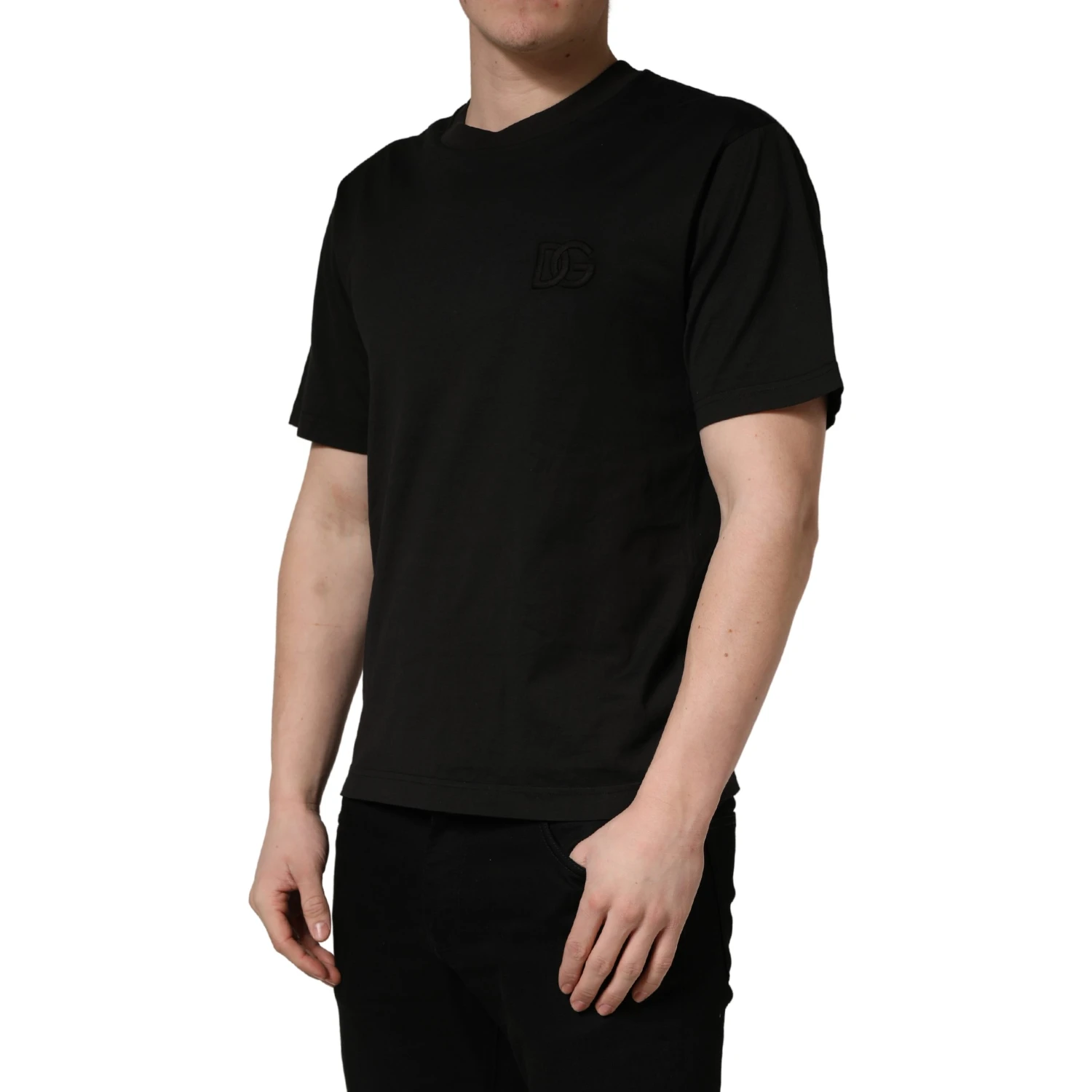 Black Cotton Short Sleeves Crew Neck  T-shirt