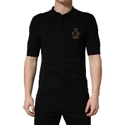 Black Heraldic Crest Patch Silk Polo T-shirt