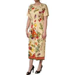Beige Fruit PolkaDot Sheath Silk Midi Dress
