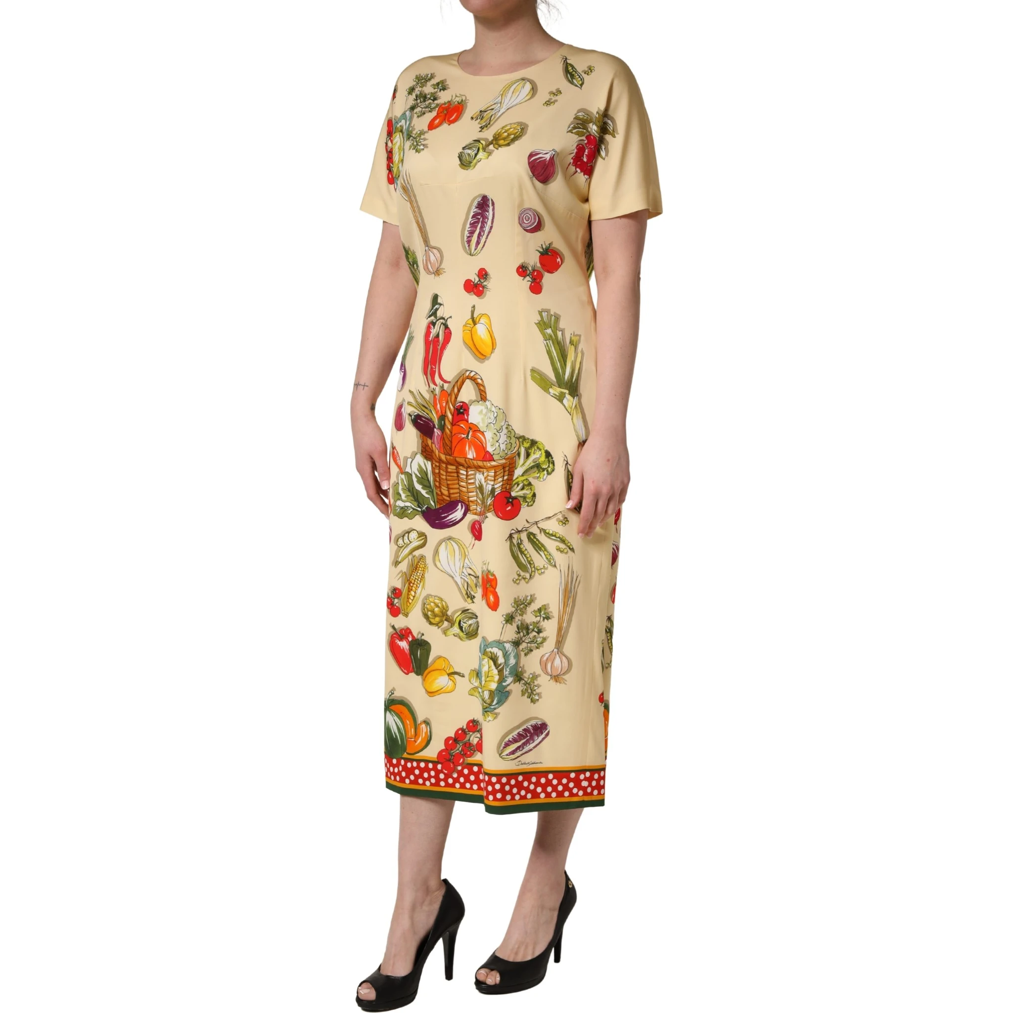 Beige Fruit PolkaDot Sheath Silk Midi Dress