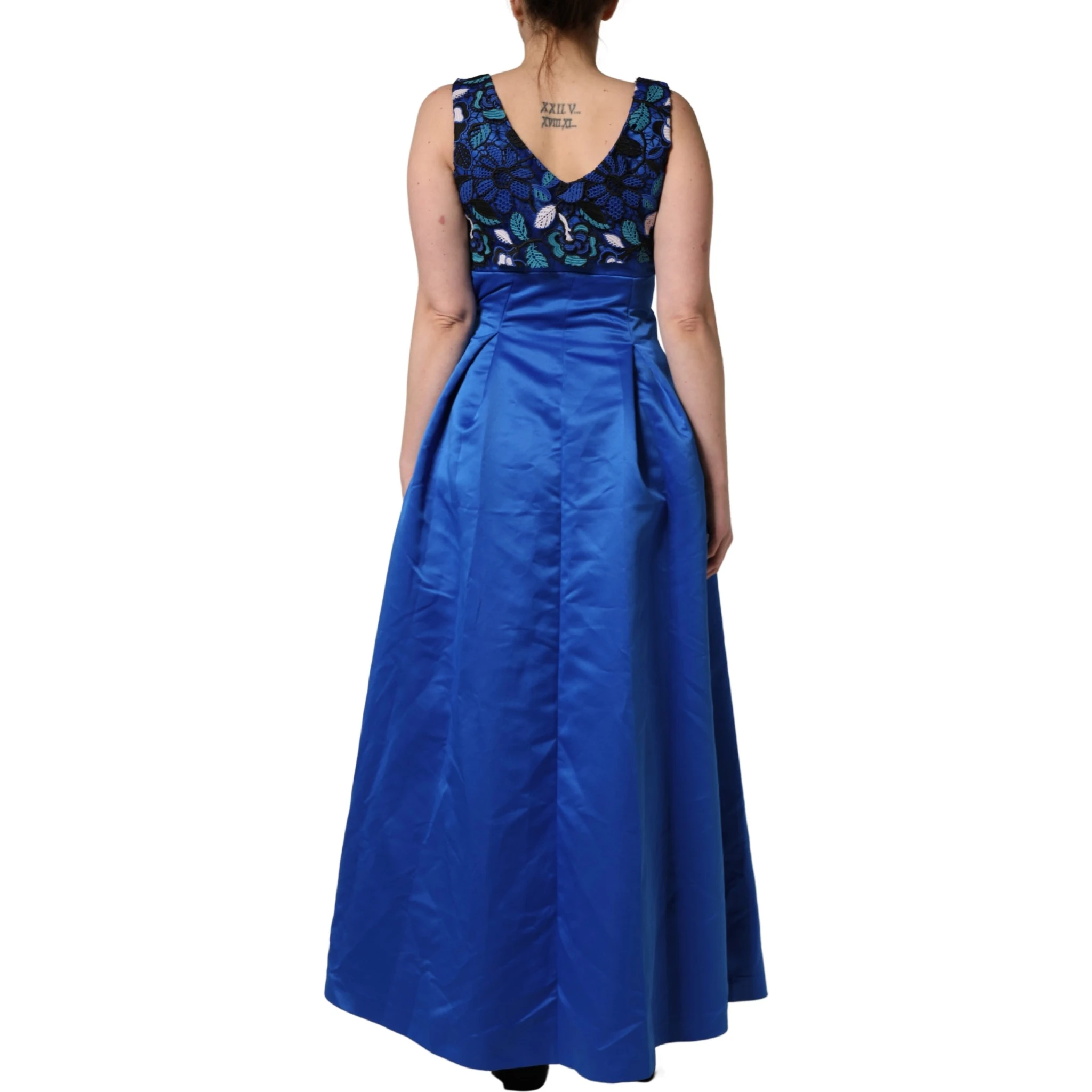 Royal Blue Floral Lace Sleeveless Long Gown Dress
