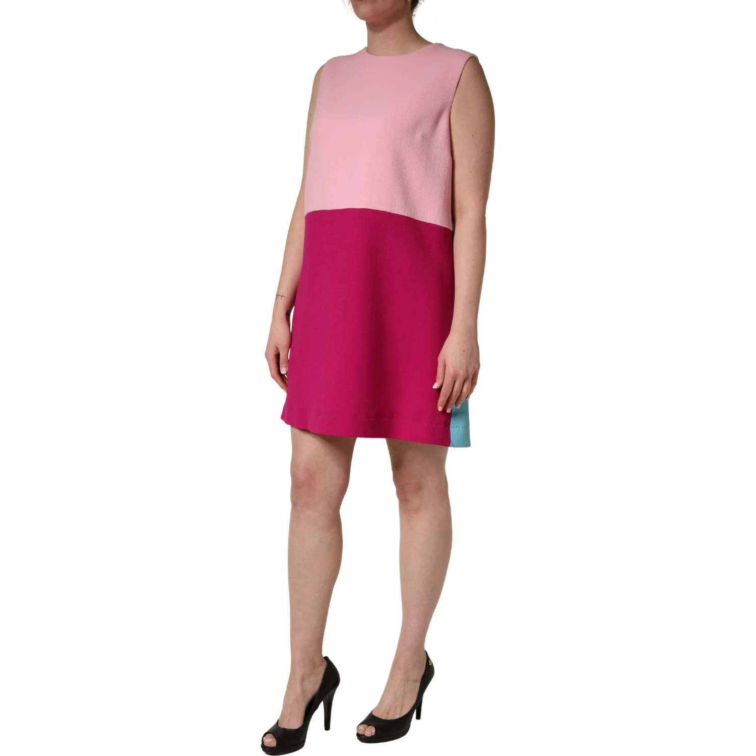 Pink Blue Wool Sleeveless Shift Mini  Dress