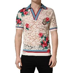 Beige Floral Tennis Club Lace Polo T-shirt