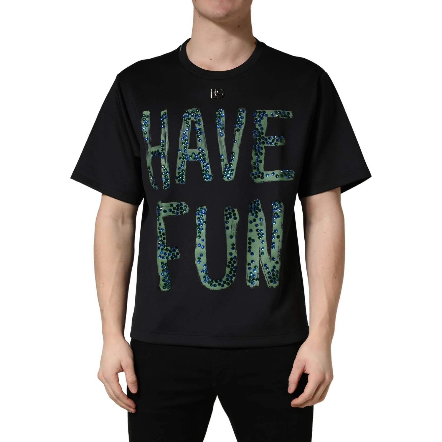 Black Have Fun Embellished Crew Neck T-shirt