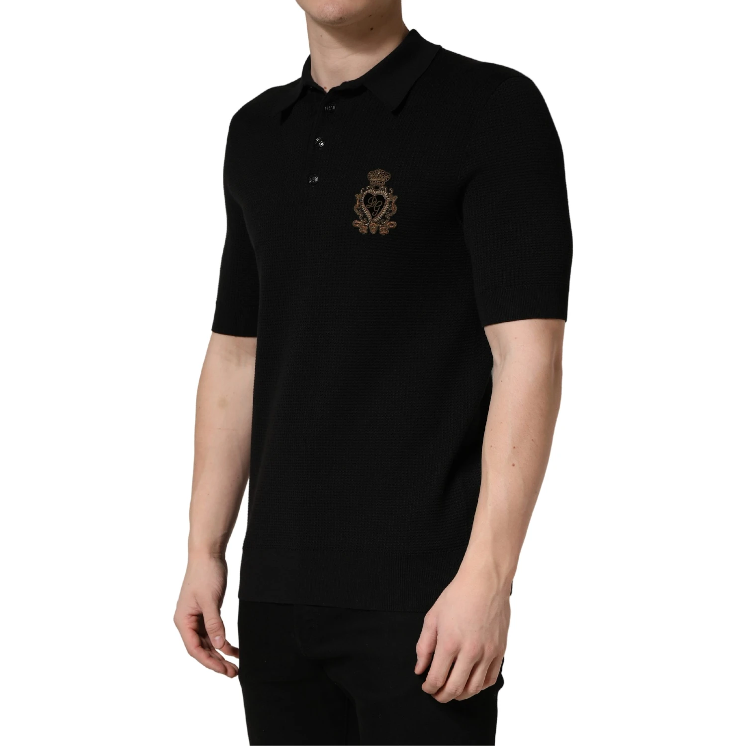 Black Heraldic Crest Patch Silk Polo T-shirt