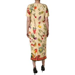 Beige Fruit PolkaDot Sheath Silk Midi Dress
