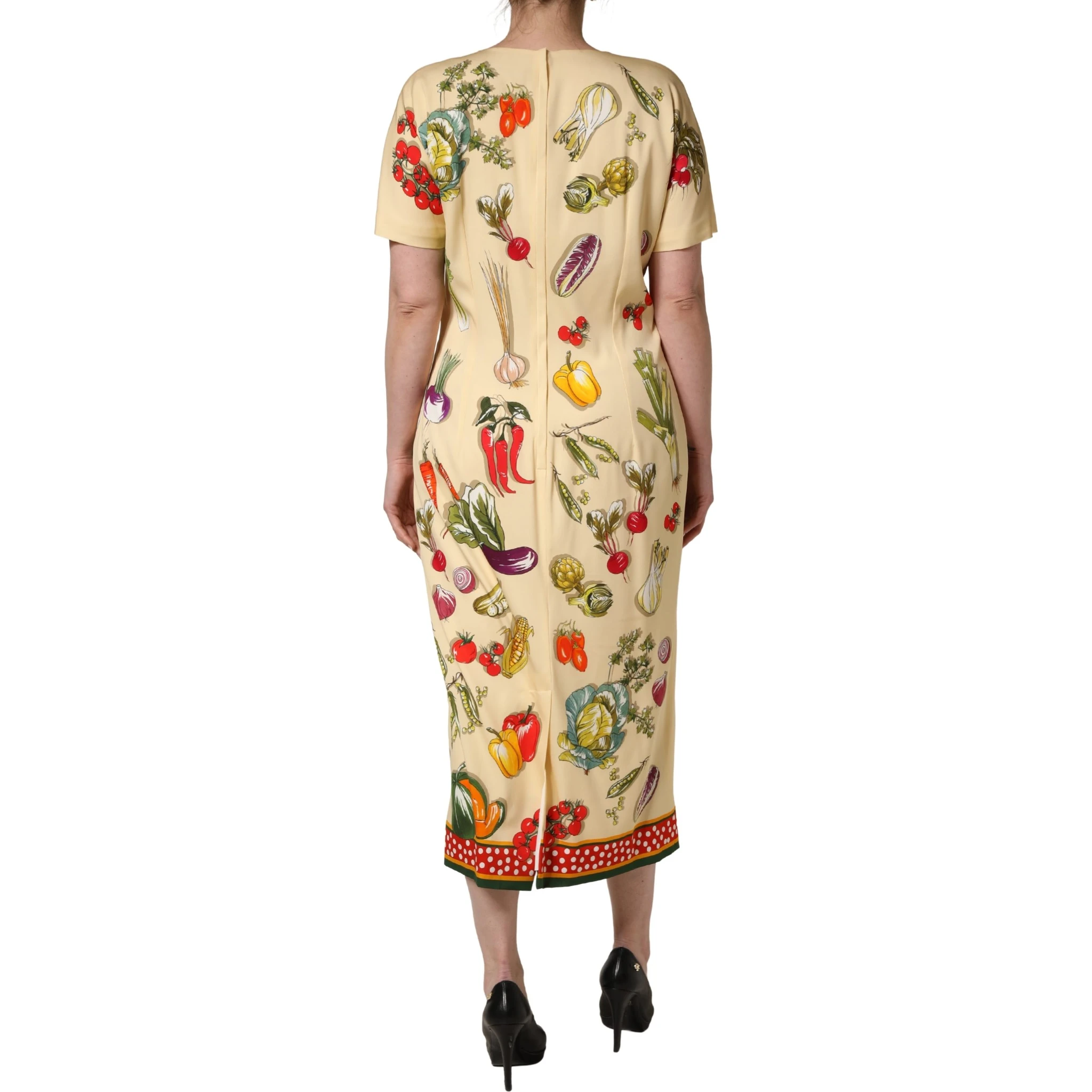 Beige Fruit PolkaDot Sheath Silk Midi Dress