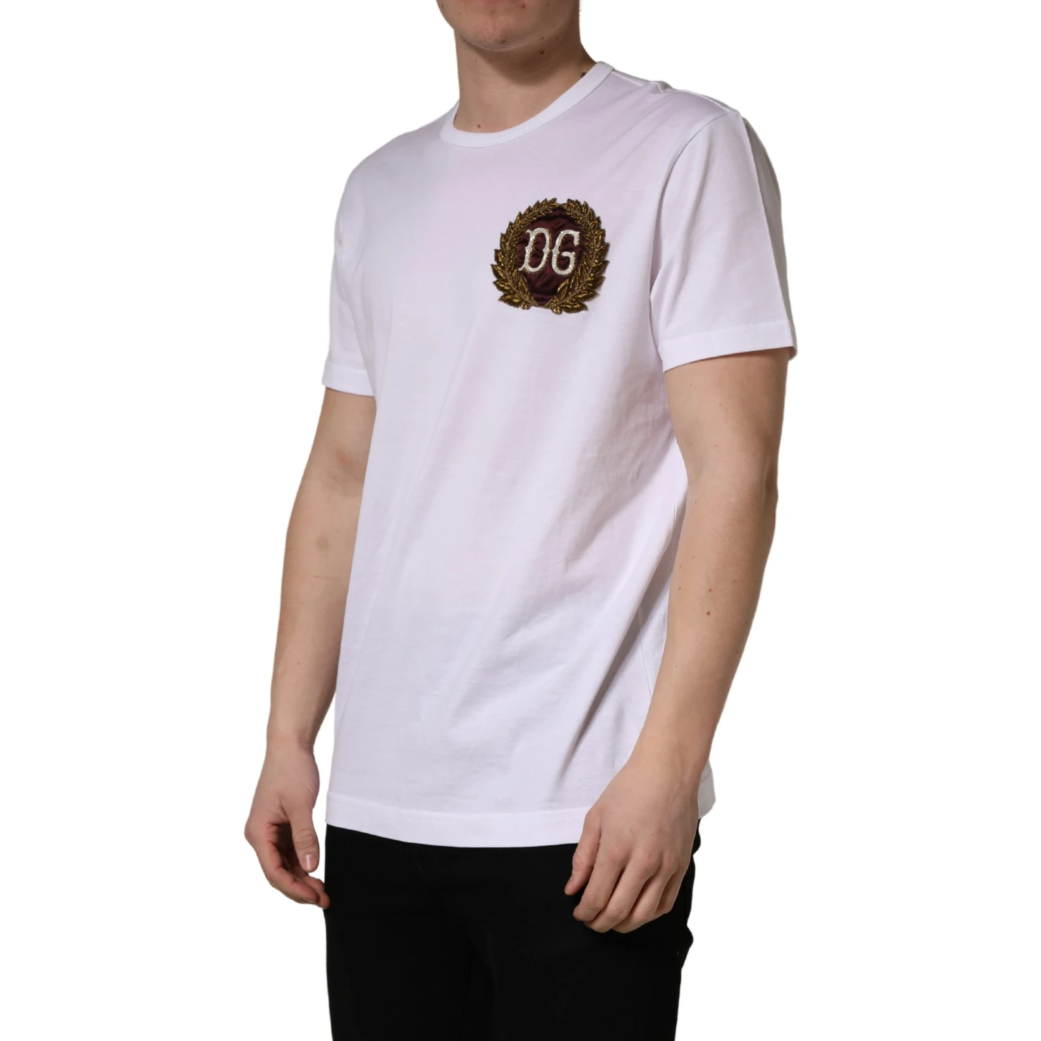 White DG Leaf Embroidery Crew Neck  T-shirt