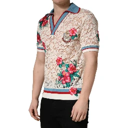 Beige Floral Tennis Club Lace Polo T-shirt