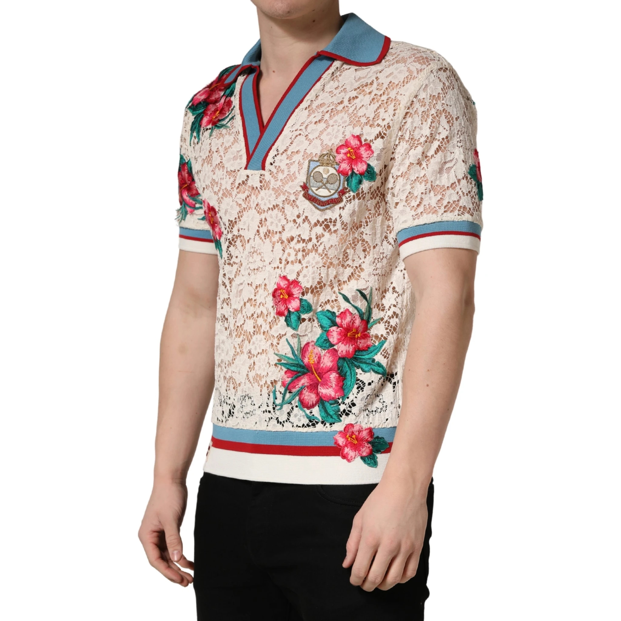 Beige Floral Tennis Club Lace Polo T-shirt