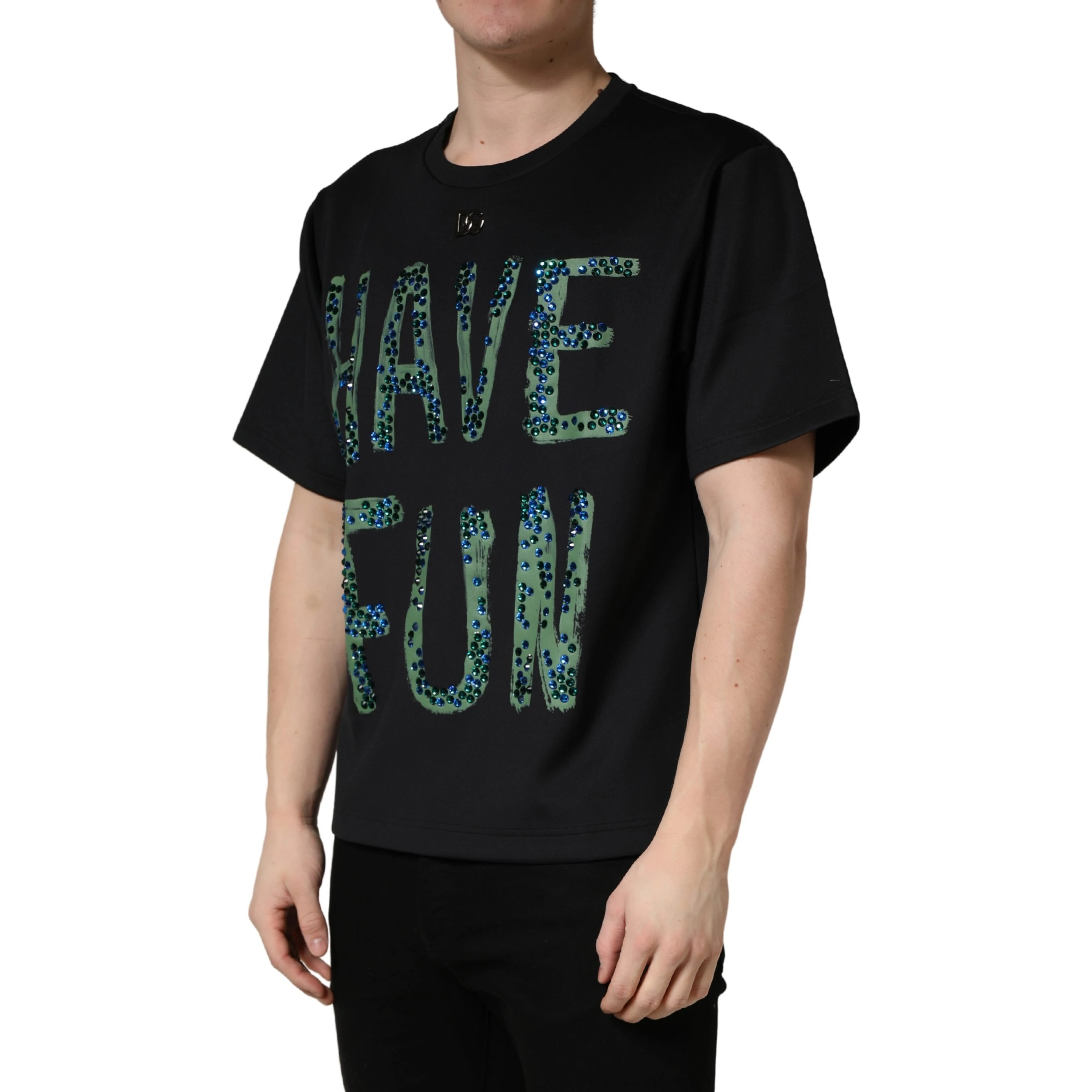 Black Have Fun Embellished Crew Neck T-shirt