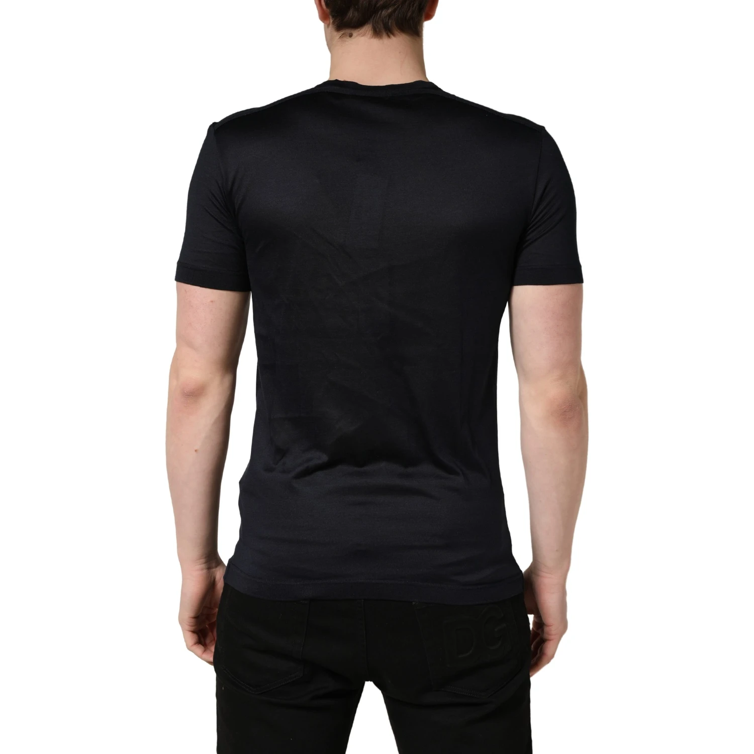Dark Blue DG Logo Silk Men Crew Neck T-shirt
