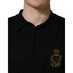 Black Heraldic Crest Patch Silk Polo T-shirt