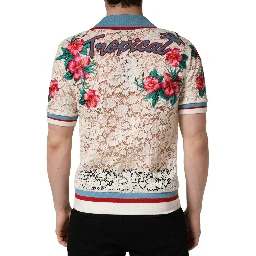 Beige Floral Tennis Club Lace Polo T-shirt