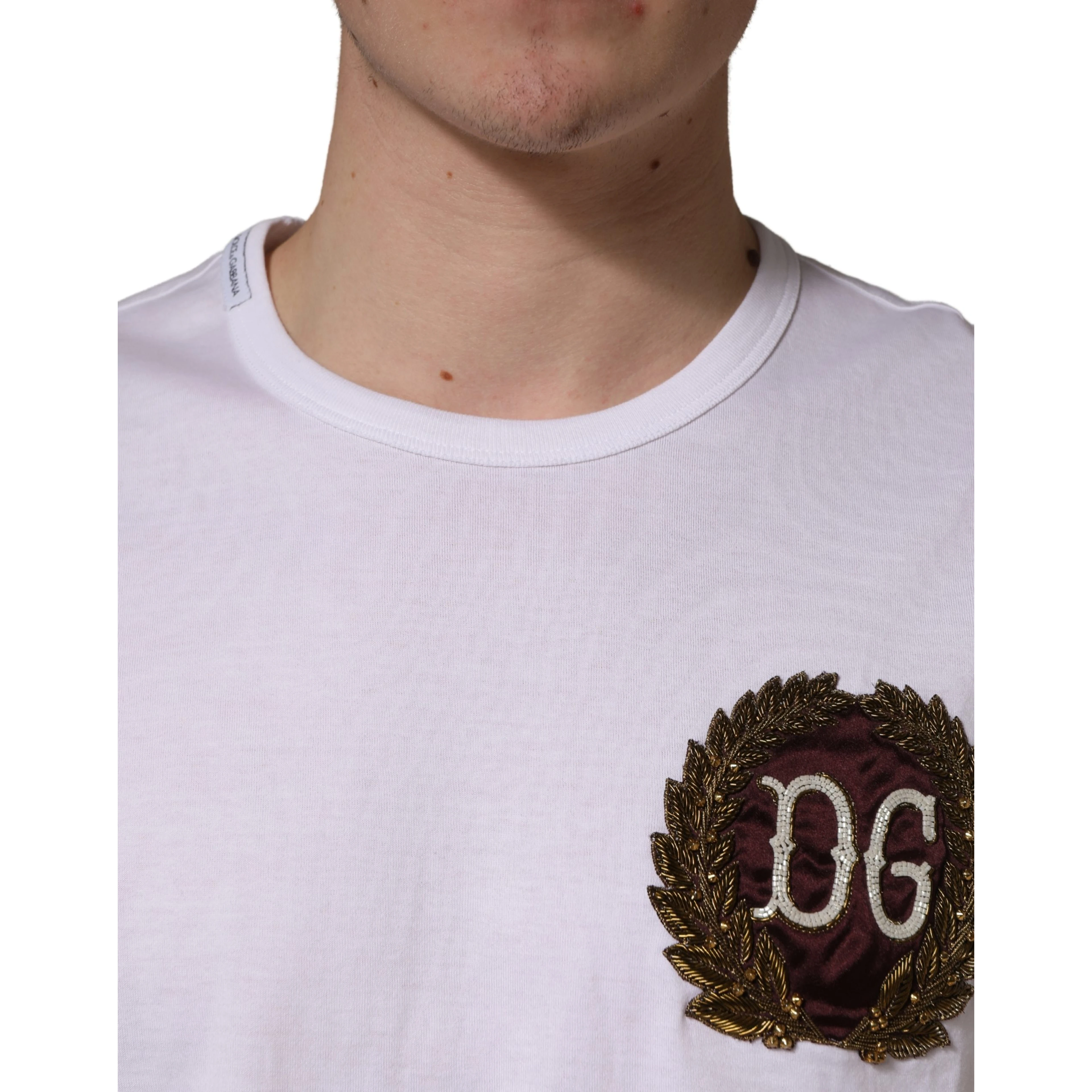 White DG Leaf Embroidery Crew Neck  T-shirt