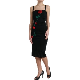 Black Wool Sleeveless Rose Applique Dress