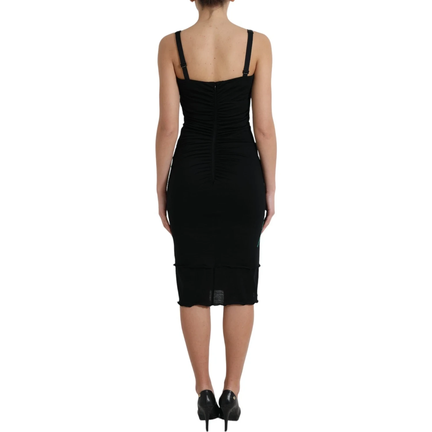 Black Wool Sleeveless Rose Applique Dress