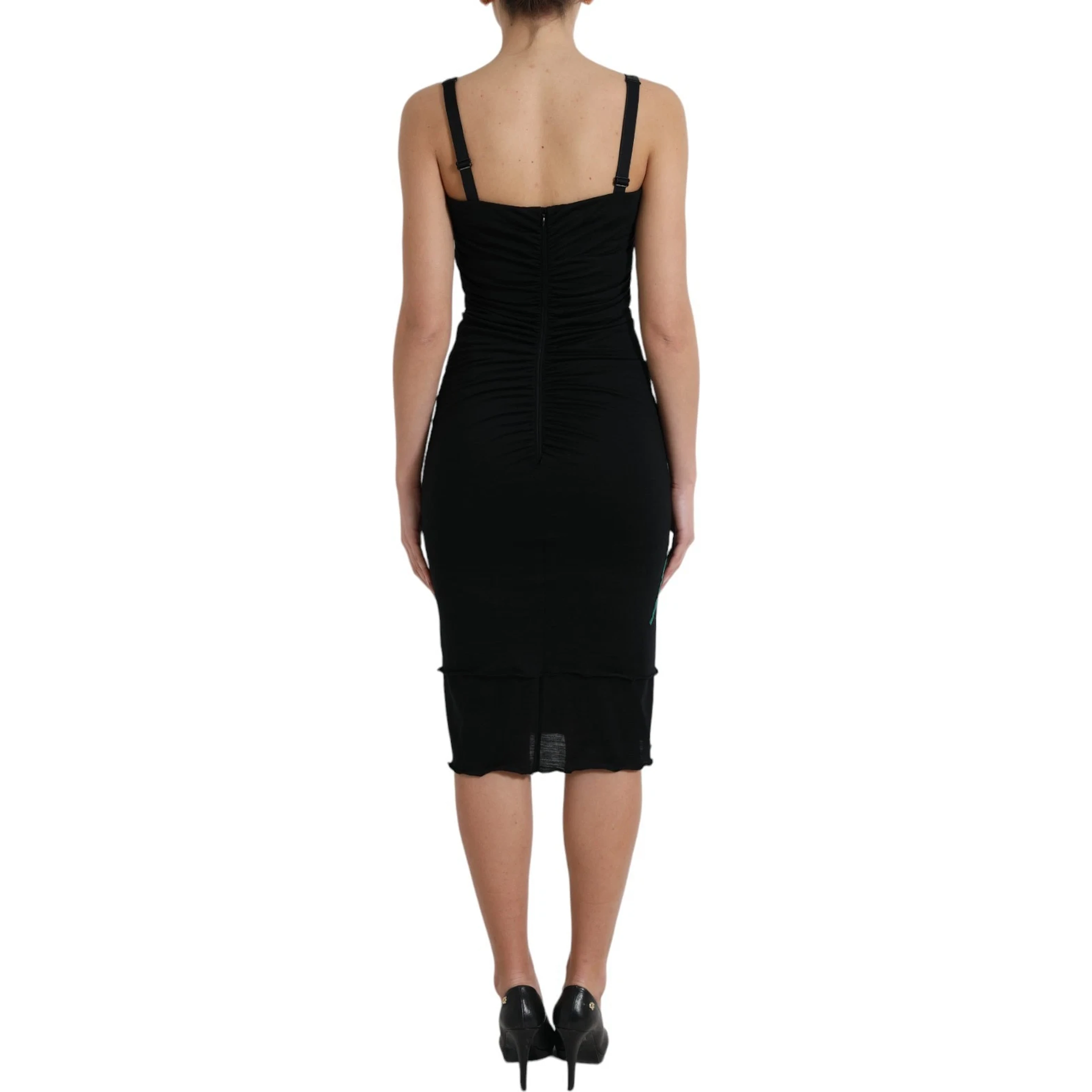 Black Wool Sleeveless Rose Applique Dress