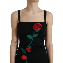 Black Wool Sleeveless Rose Applique Dress