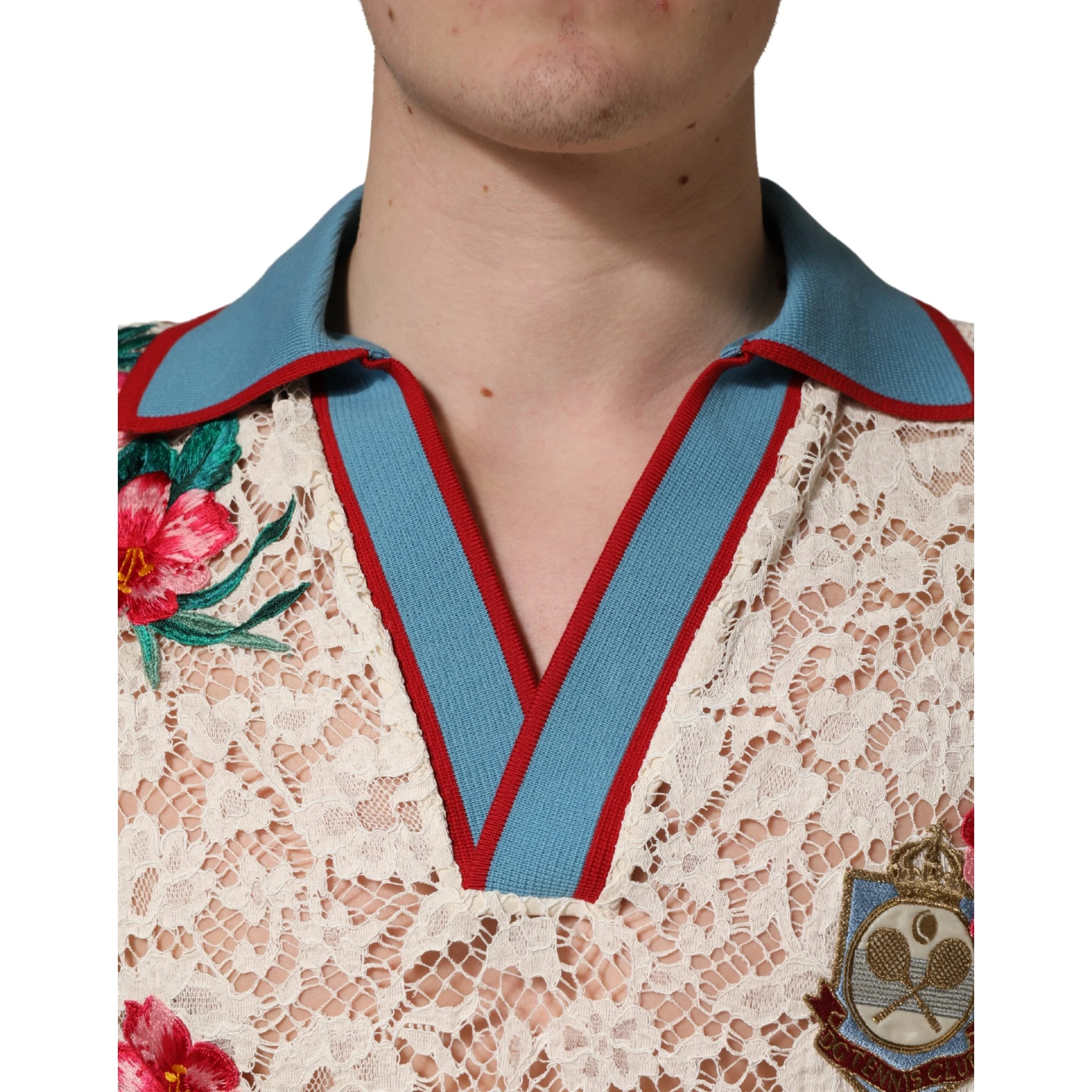 Beige Floral Tennis Club Lace Polo T-shirt