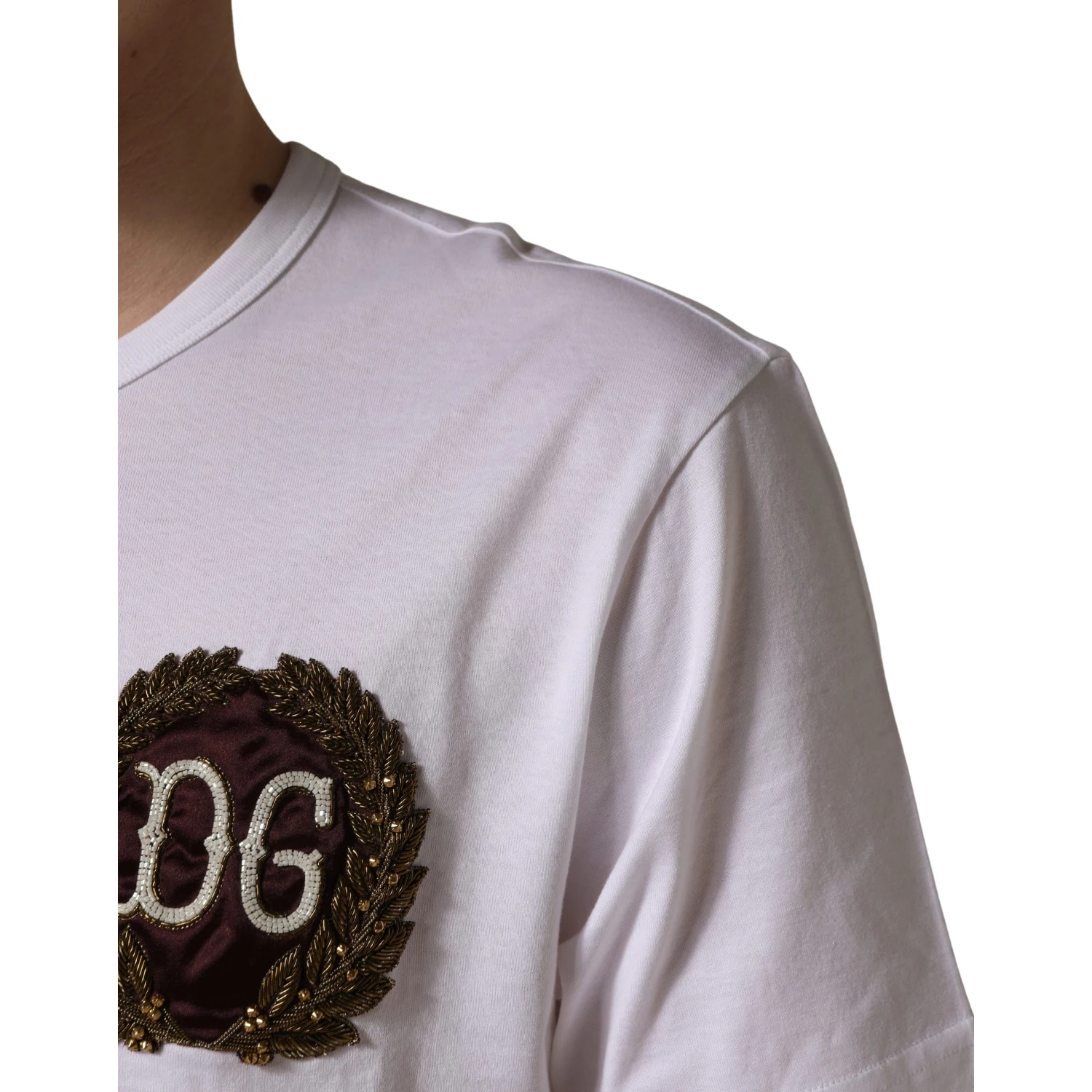 White DG Leaf Embroidery Crew Neck  T-shirt