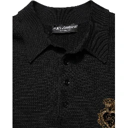 Black Heraldic Crest Patch Silk Polo T-shirt