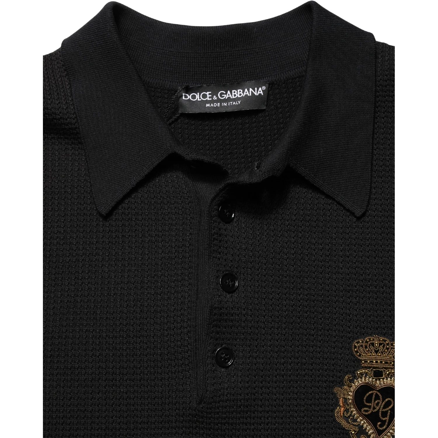 Black Heraldic Crest Patch Silk Polo T-shirt