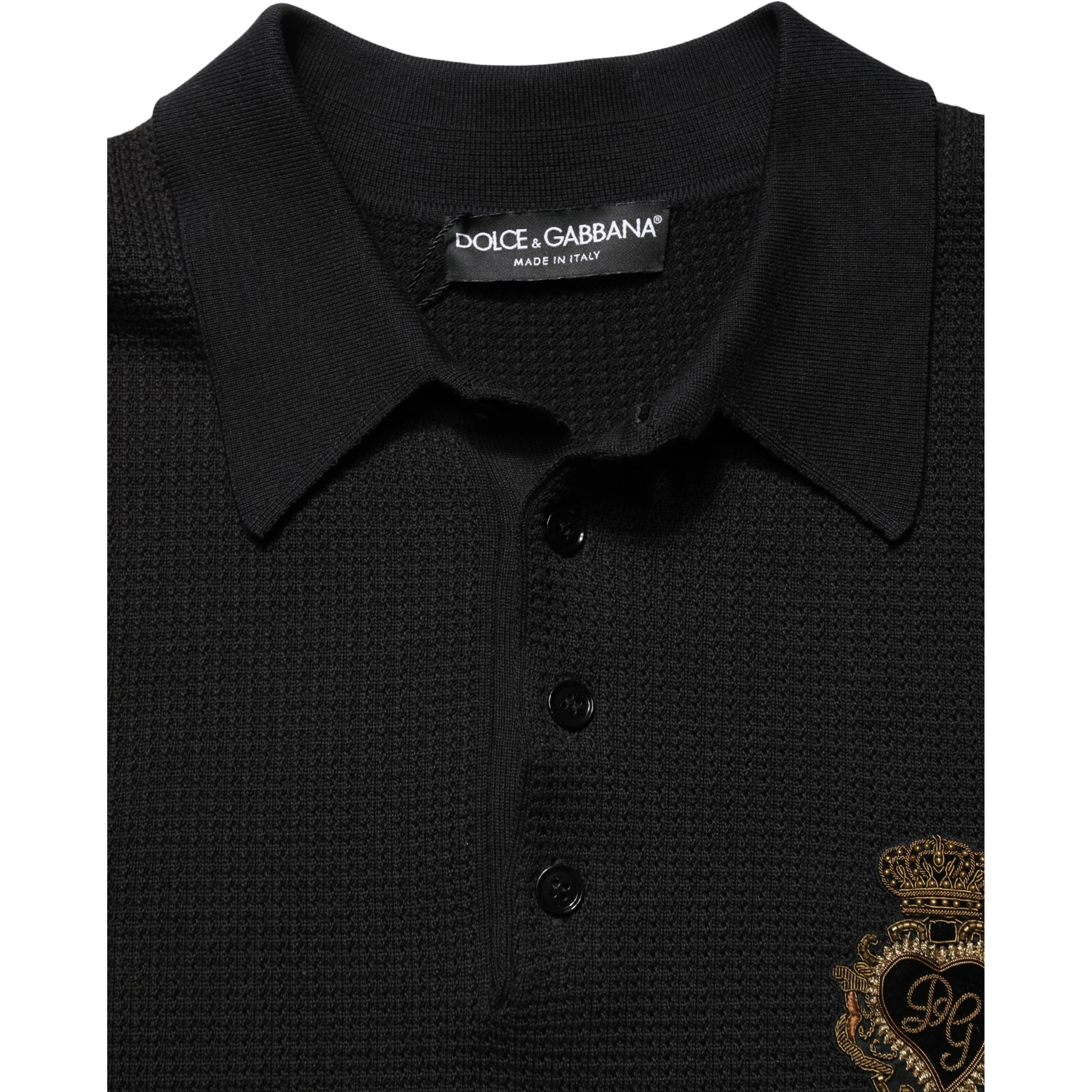Black Heraldic Crest Patch Silk Polo T-shirt