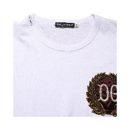 White DG Leaf Embroidery Crew Neck  T-shirt