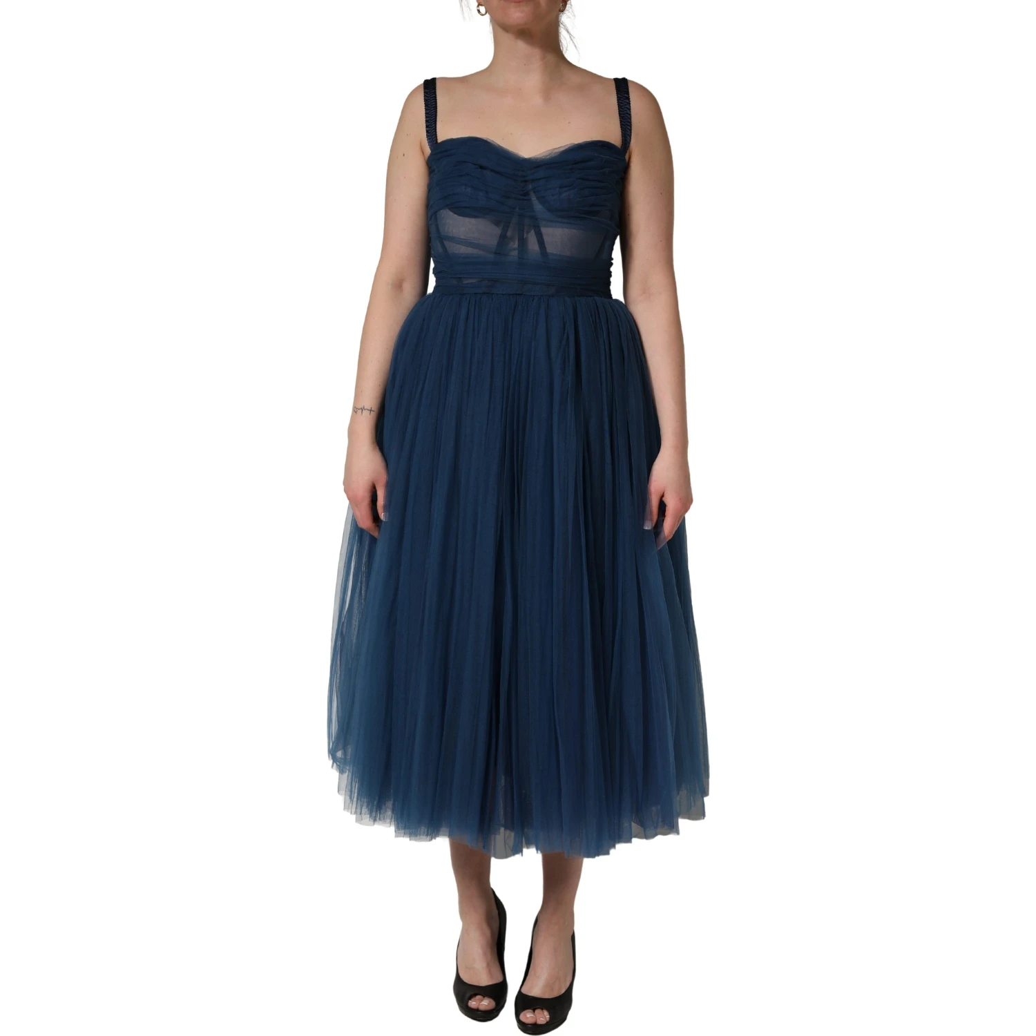 Blue Tulle Midi A-line Sleeveless Dress