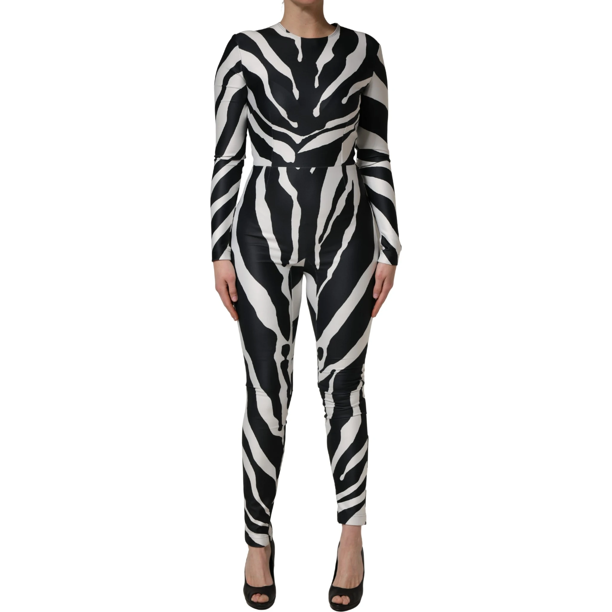 Black White Polyester Zebra Pattern Jumpsuit