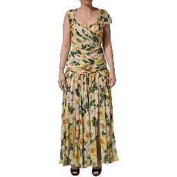 Yellow Silk Floral Print Pleated Maxi Dress