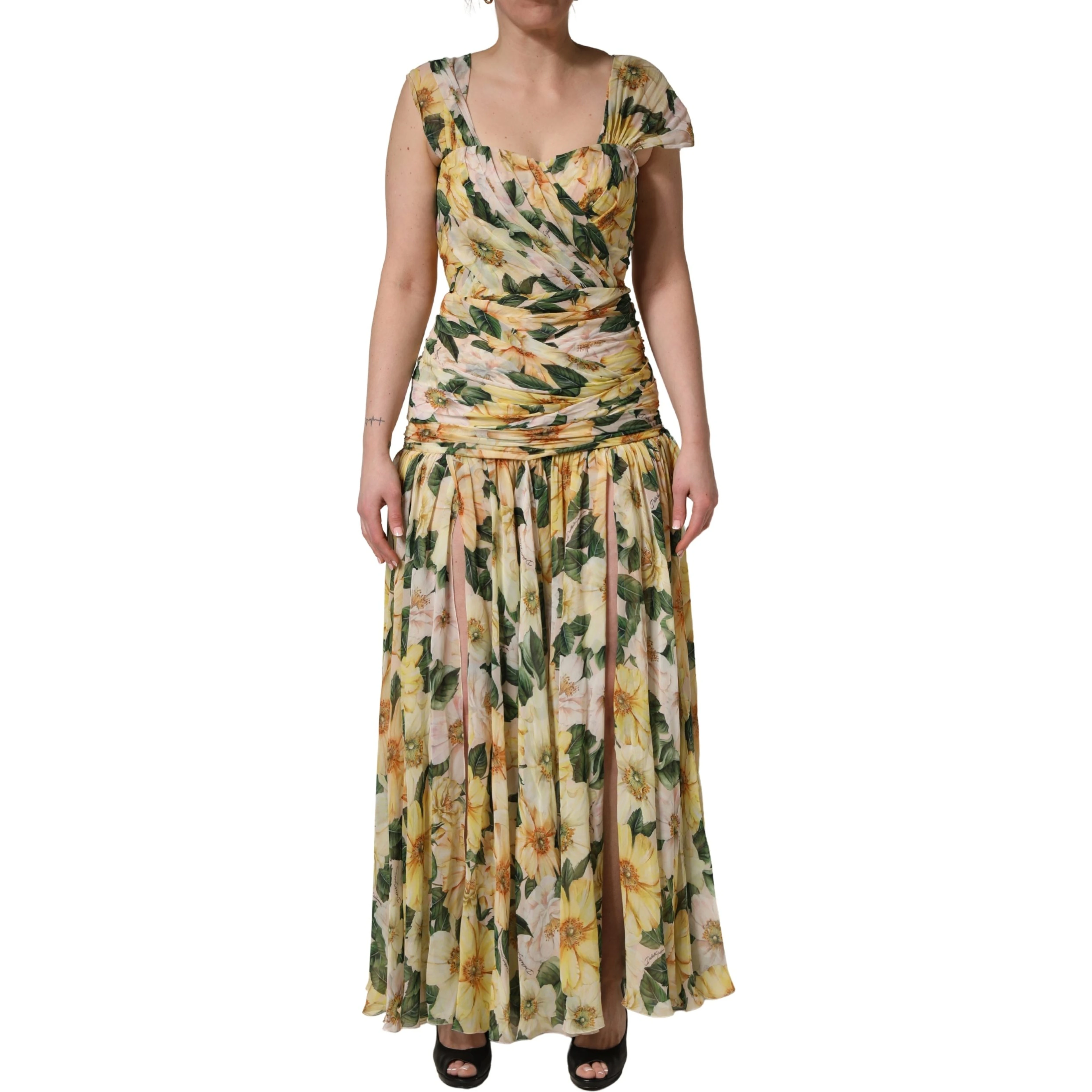 Yellow Silk Floral Print Pleated Maxi Dress