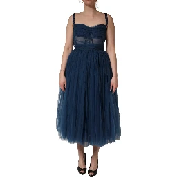 Blue Tulle Midi A-line Sleeveless Dress