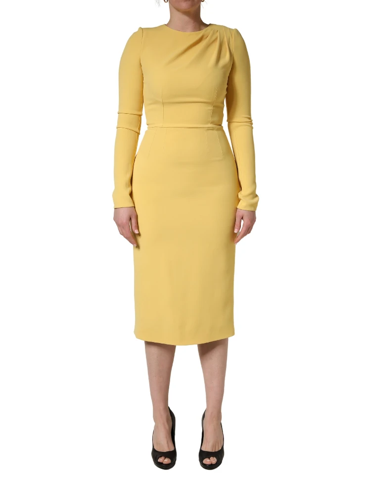 Yellow Silk Long Sleeves Sheath Midi Dress