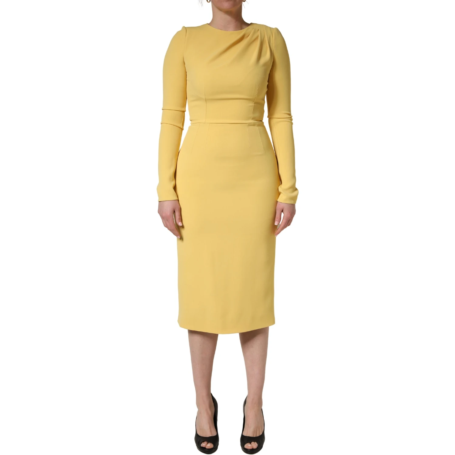 Yellow Silk Long Sleeves Sheath Midi Dress