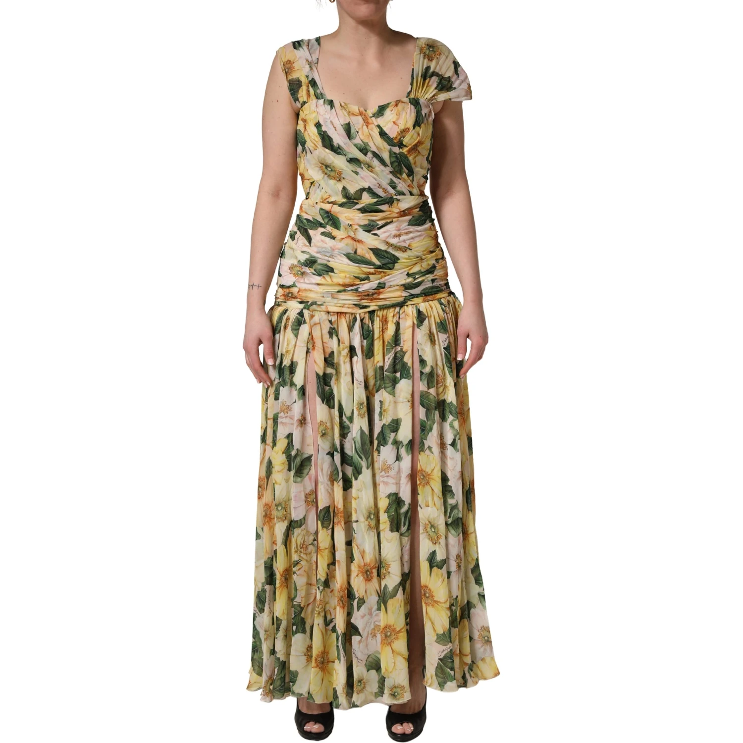 Yellow Silk Floral Print Pleated Maxi Dress