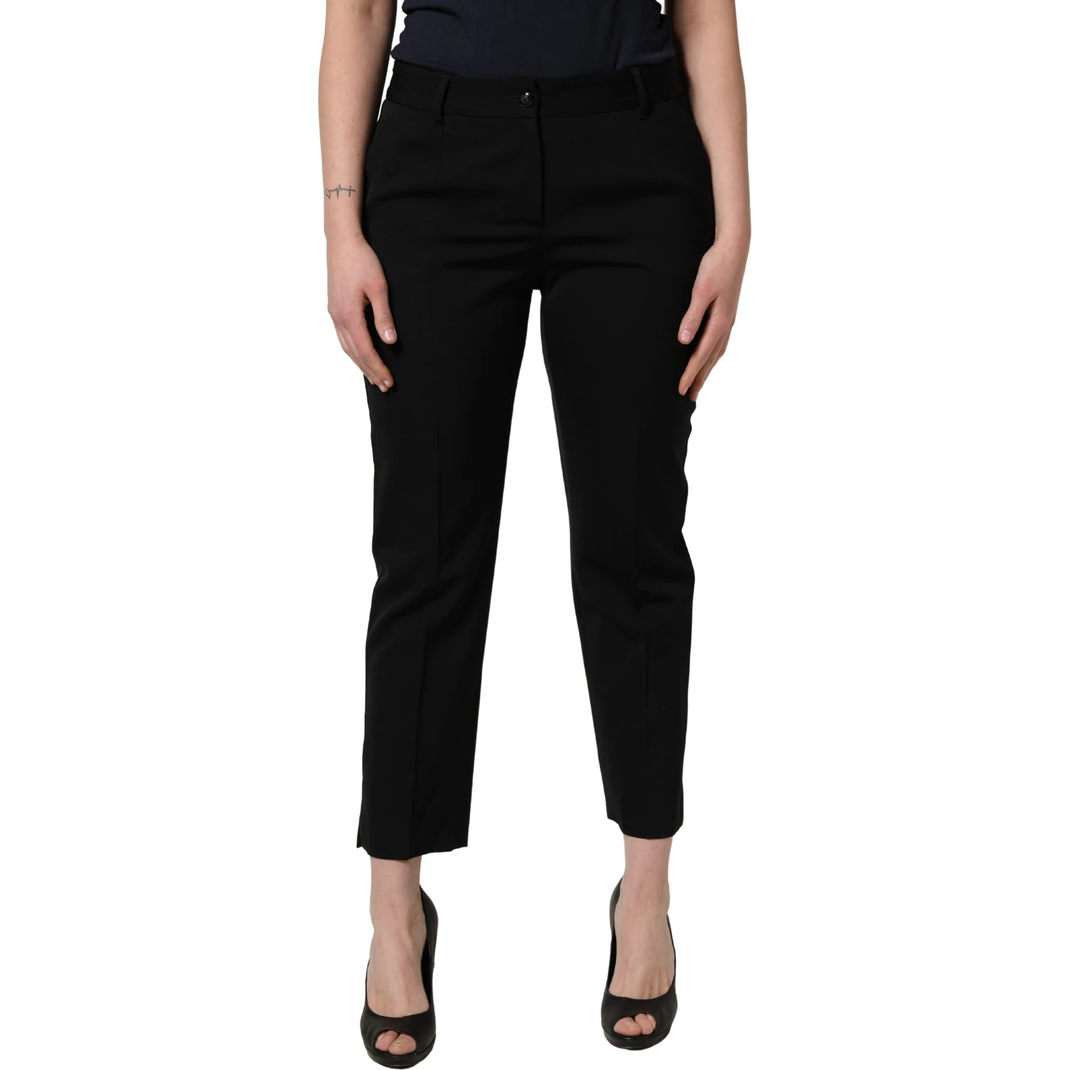 Black Wool High Waist Cropped Tapered Pants