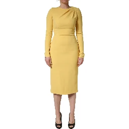 Yellow Silk Long Sleeves Sheath Midi Dress