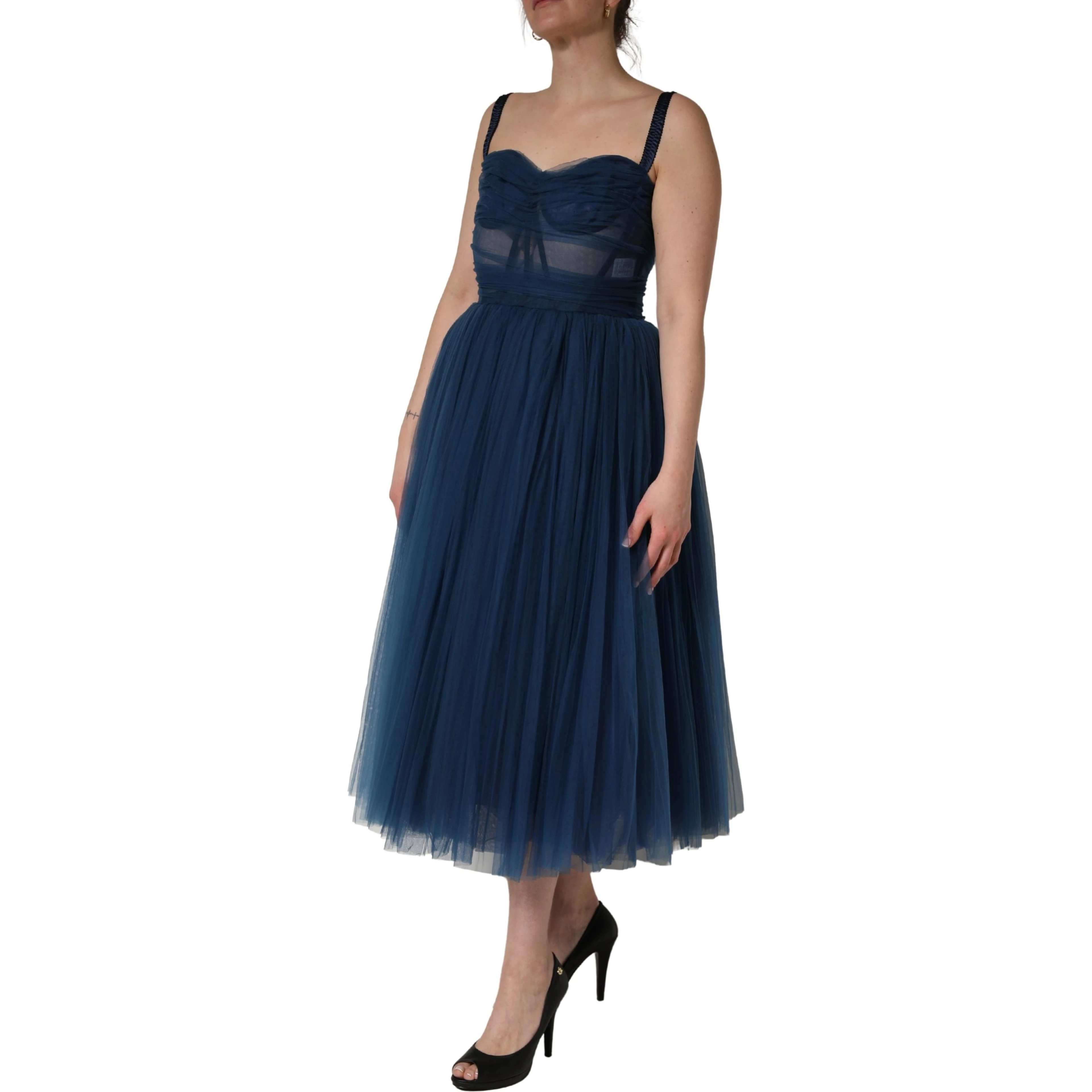 Blue Tulle Midi A-line Sleeveless Dress