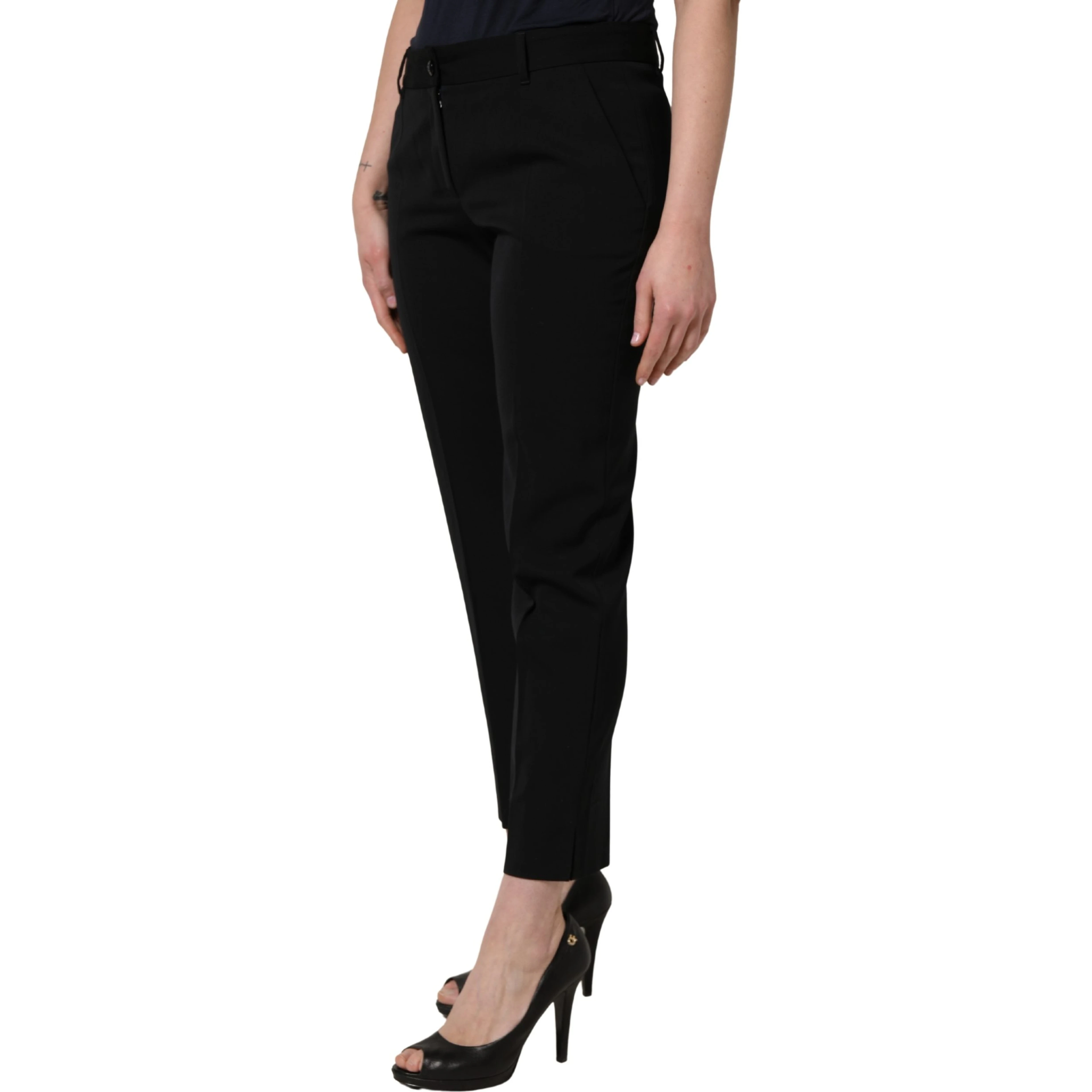 Black Wool High Waist Cropped Tapered Pants