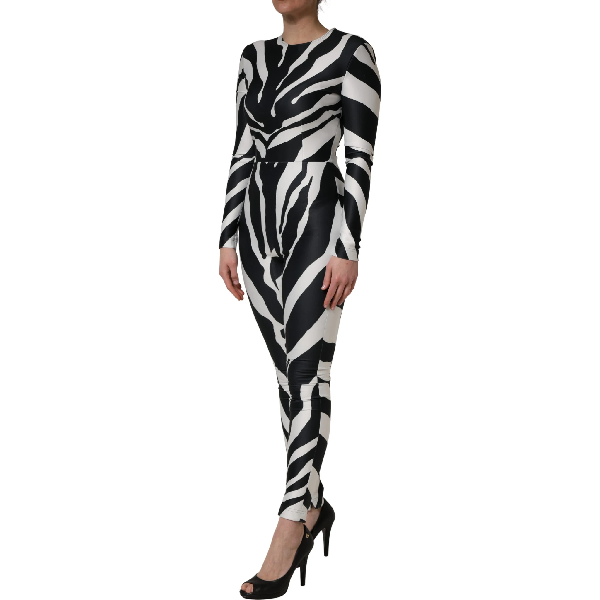 Black White Polyester Zebra Pattern Jumpsuit