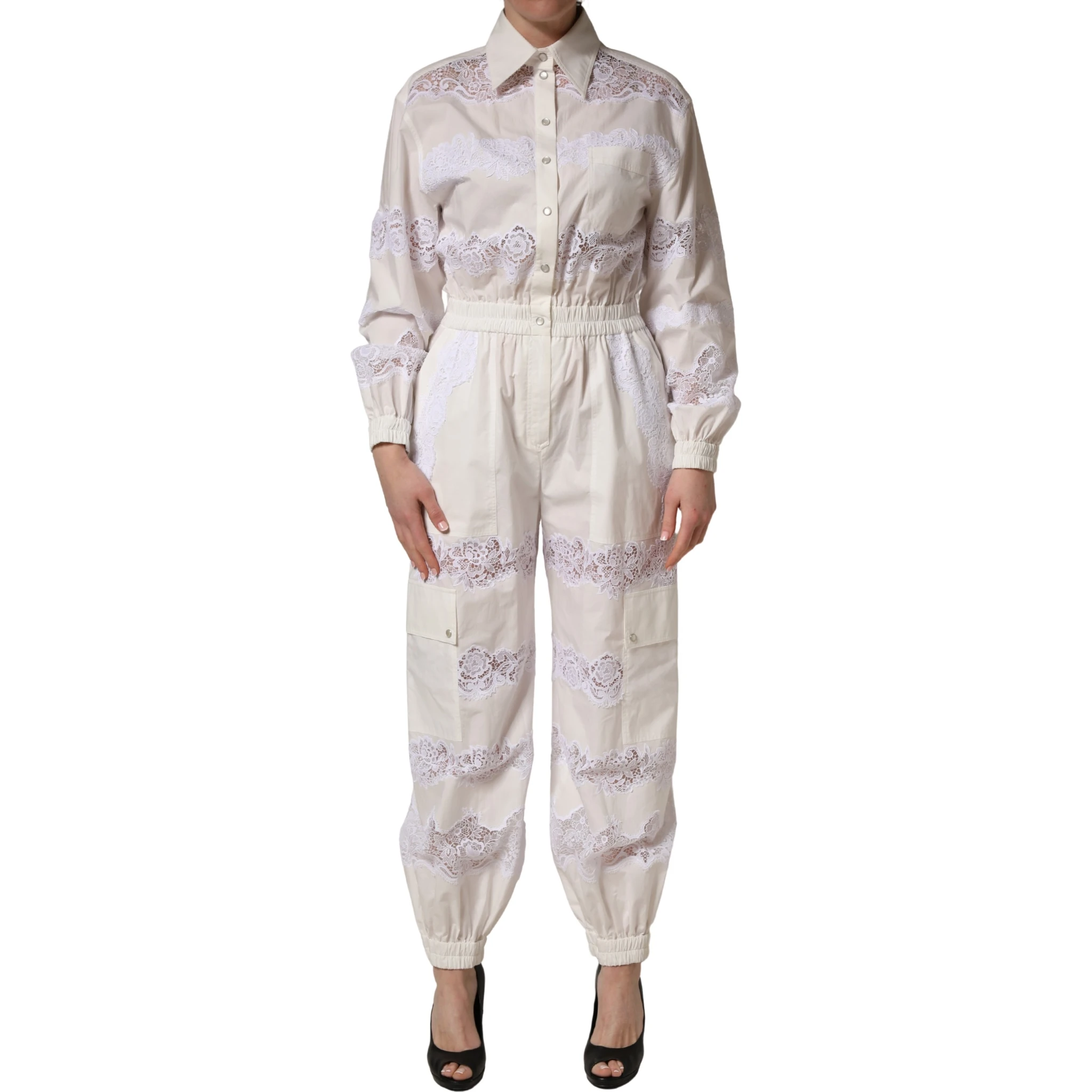 White Cotton Lace Trim Long Sleeves Jumpsuit