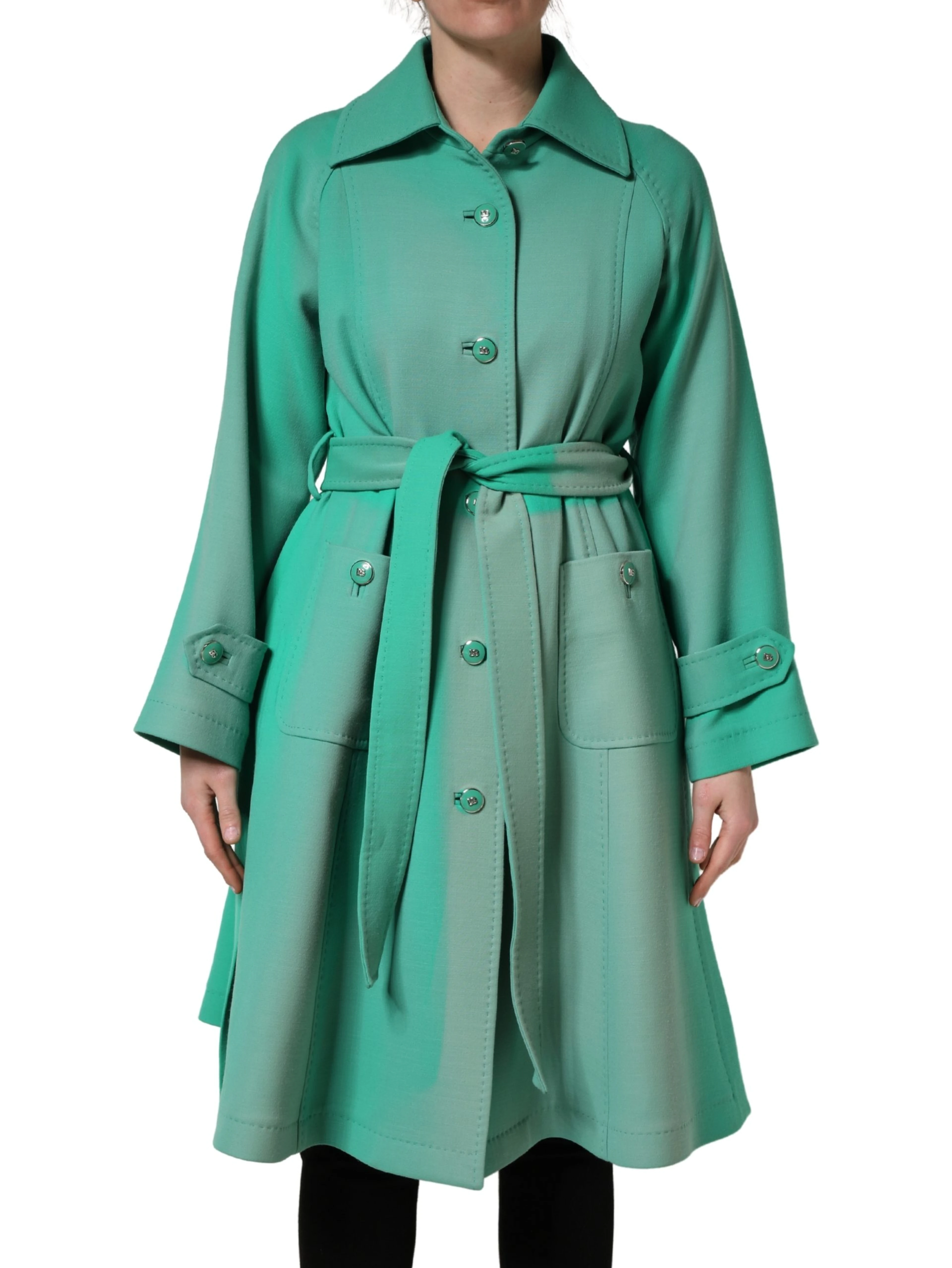 Green Buttoned Down Belt Trench Coat Jacket
