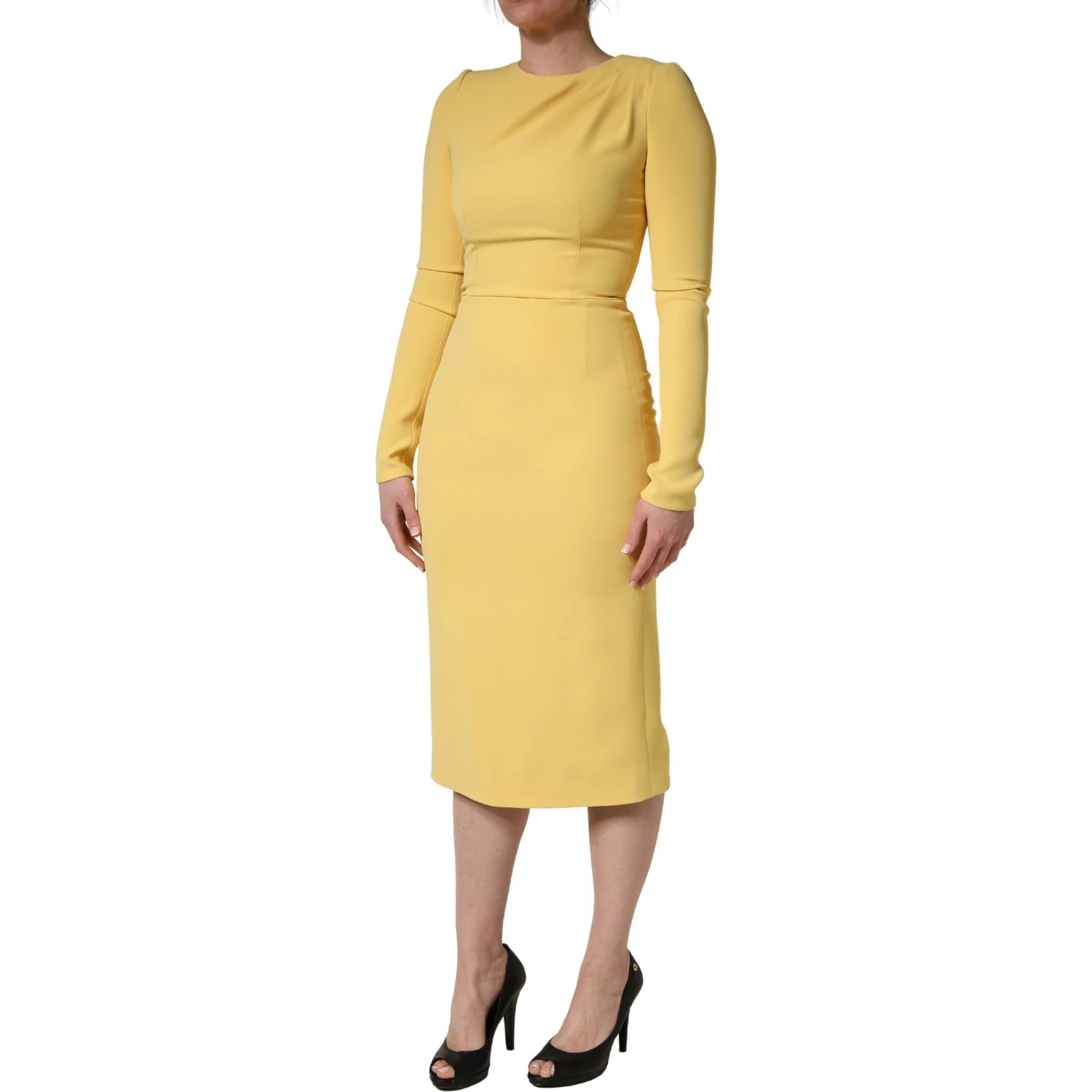 Yellow Silk Long Sleeves Sheath Midi Dress
