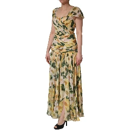 Yellow Silk Floral Print Pleated Maxi Dress