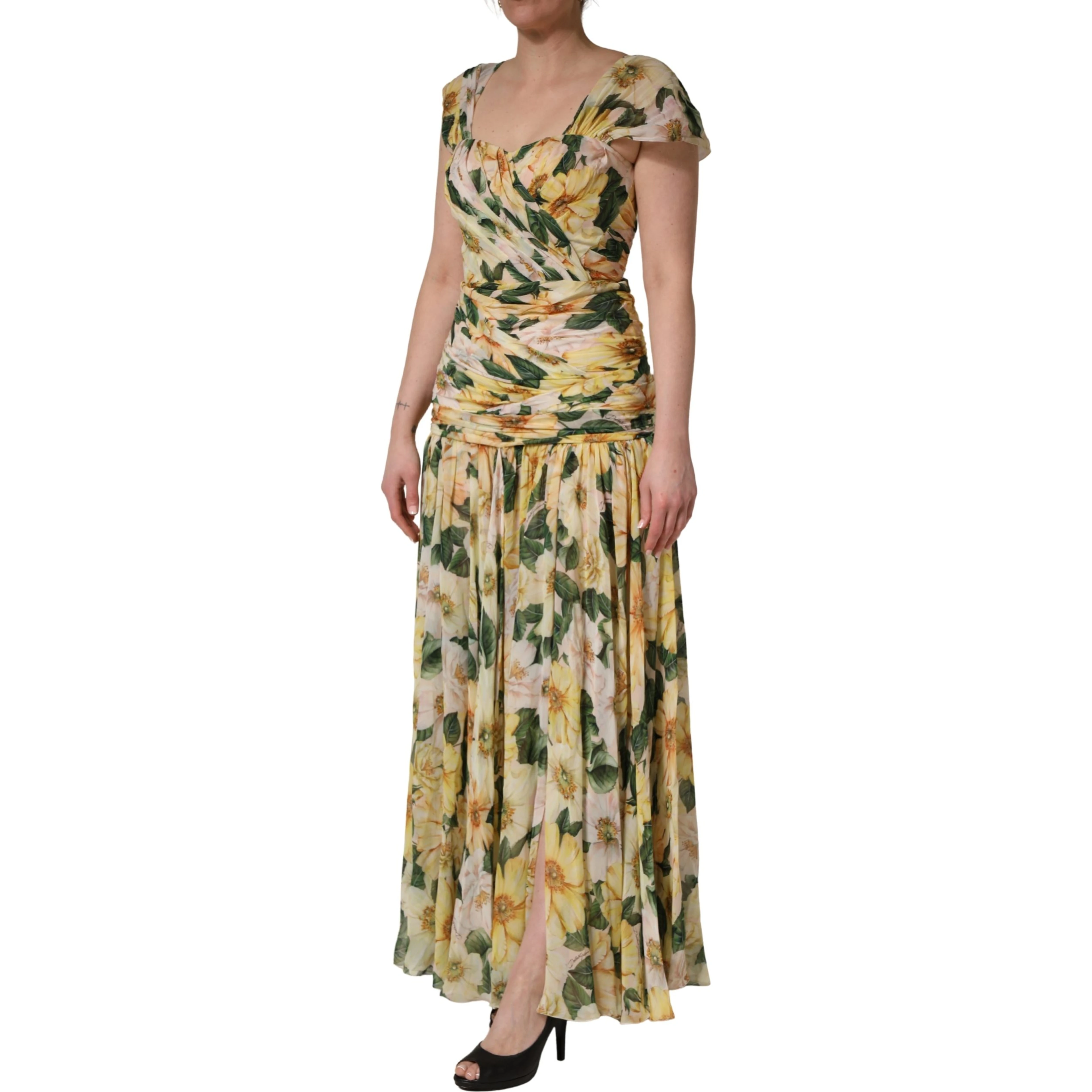 Yellow Silk Floral Print Pleated Maxi Dress