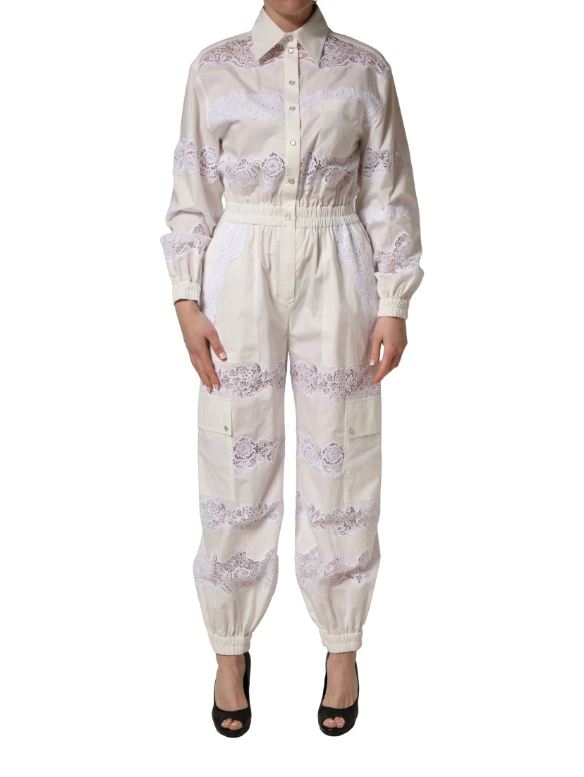 White Cotton Lace Trim Long Sleeves Jumpsuit