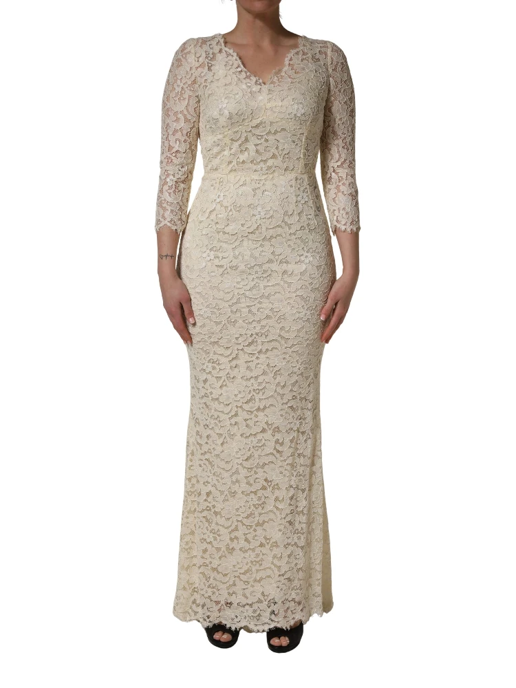 Off White Floral Lace Sheath Maxi Dress