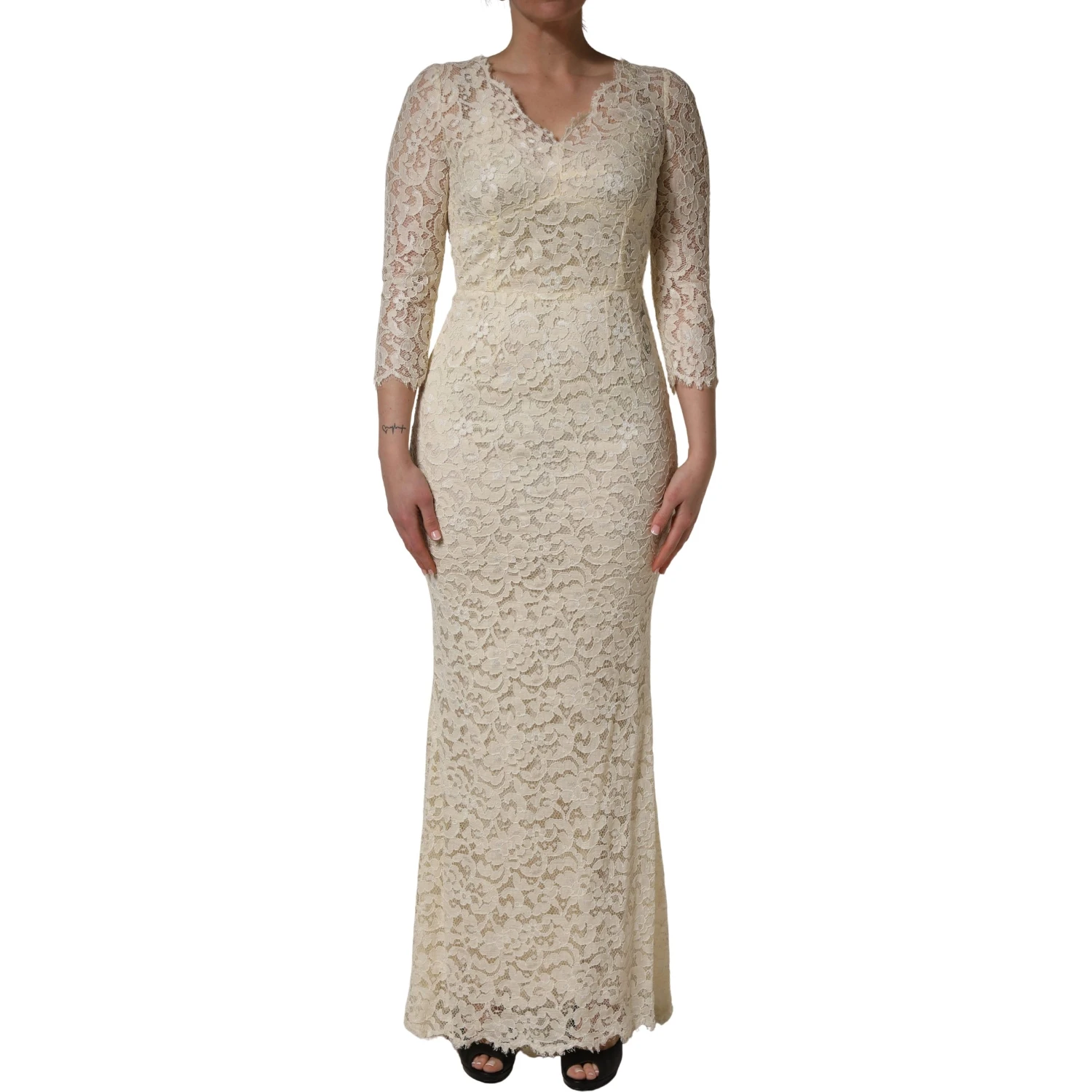 Off White Floral Lace Sheath Maxi Dress